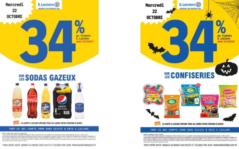 34% EN E.TICKET LECLERC SUR LES SODAS GAZEAUX ET LES CONFISERIES LE 22/10