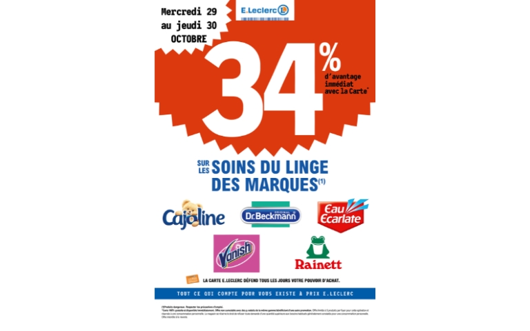 34% DE REMISE IMMEDIATE  SOINS DU LINGE SUR UNE SELECTION DE MARQUES DU 29 AU 30/10