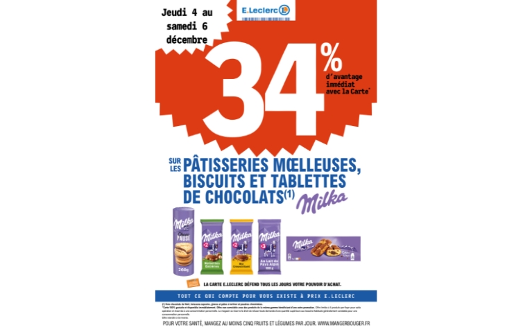 34% DE REMISE IMMEDIATE SUR LES PATISSERIES MOELLEUSES BISCUITS ET TABLETTES DE CHOCOLAT DU 4 AU 6/12