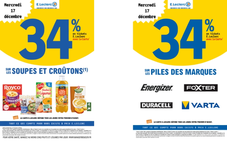 34% EN E.TICKET LECLERC SUR LES SOUPES ET CROUTONS ET SUR UNE SELECTION DES MARQUES DE PILES DU 17/12
