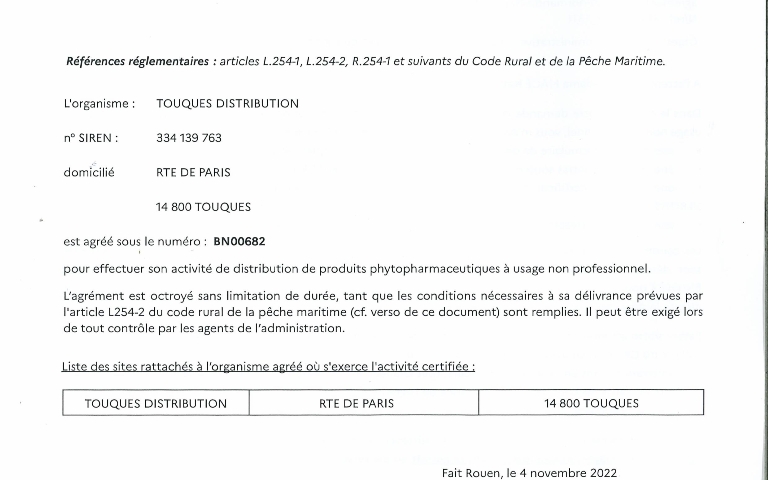 Agrément E.Leclerc Touques pour la distribution de produits phytopharmaceutiques à usage non professionnel
