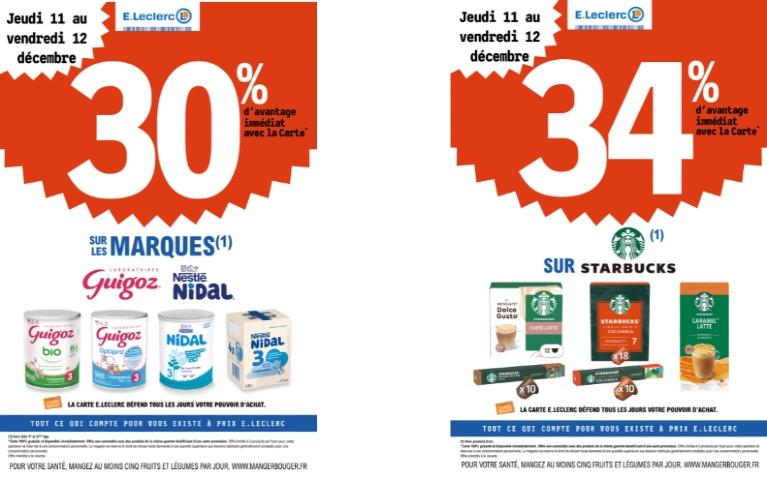 30% DE REMISE IMMEDIATE SUR GUIGOZ ET NIDAL 2 ET 34% DE REMISE IMMEDIATE SUR STARBUCKS DU 11 AU 12/12