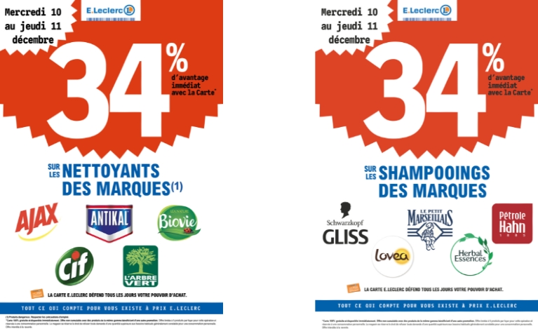 34% DE REMISE IMMEDIATE SUR UNE SELECTION DES MARQUES DE NETTOYANTS ET 34% DE REMISE IMMEDIATE SUR UNE SELECTION DES MARQUES DE SHAMPOOINGS  DU 10 AU 11/12