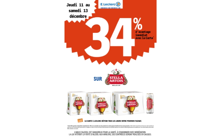 34% DE REMISE IMMEDIATE SUR STELLA ARTOIS DU 11 AU 13/12