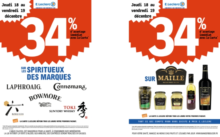 34% DE REMISE IMMEDIATE SUR UNE SELECTION DES MARQUES DE SPIRITUEUX ET SUR MAILLE DU 18 AU 19/12
