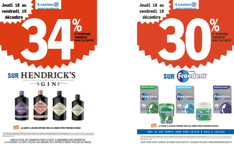34% DE REMISE IMMEDIATE SUR LES GINS HENDRICKS ET 30% DE REMISE IMMEDIATE SUR LES FREEDENTS DU 18 AU 19/12