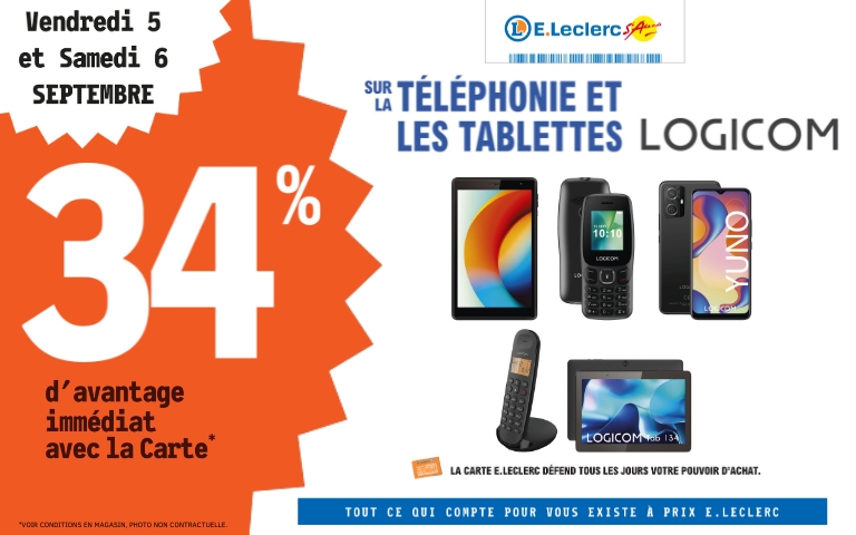 Les  et 6 septembre, benéficiez de 34% de remise immédiate sur les téléphones et les tablettes de la marque Logicom