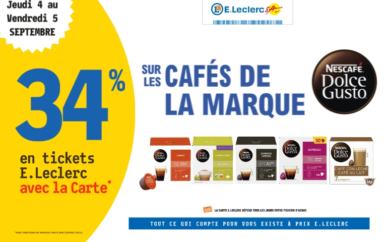 Le 5 septembre, bénéficiez de 34% en ticket E.Leclerc sur les cafés de la marque Dolce Gusto