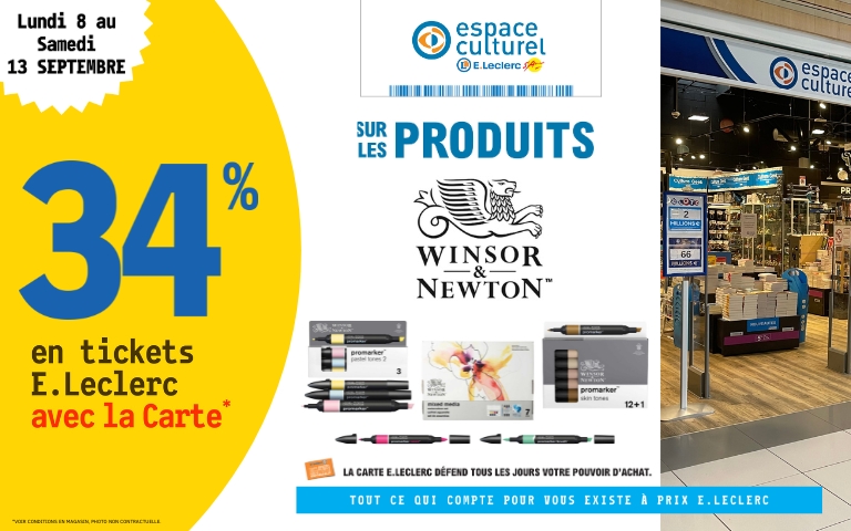 Du 8 au 13 spetmebre, bénéficiez de 34% en ticket E.Leclerc sur les produits de la marque Winsor et Newton dans votre espace culturel E.Leclerc Saint-Aunès  