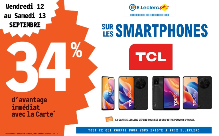 Les 12 et 13 septembre, bénéficiez de 34% de remise immédiate sur les smartphones TCL 