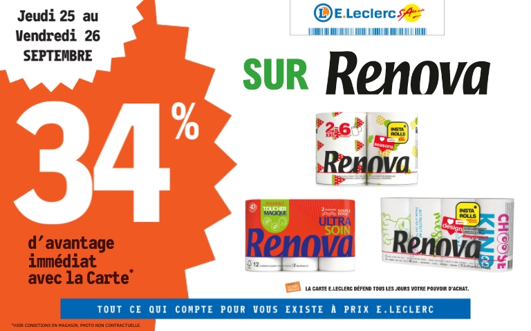 Jeudi 25 et vendredi 26 septembre, bénéficiez de 34% de remise immédiate sur les produits de la marque Renova