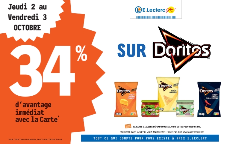 Du 2 au 3 octobre, bénéficiez de 34% de remise immédiate sur les chips Doritos avec la carte de fidélité.