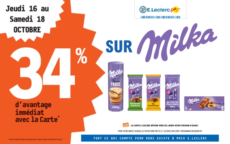 Du 16 au 18 octobre, bénéficiez de 34% de remise immédiate sue les produits de la marque Milka avec la carte de fidélité.