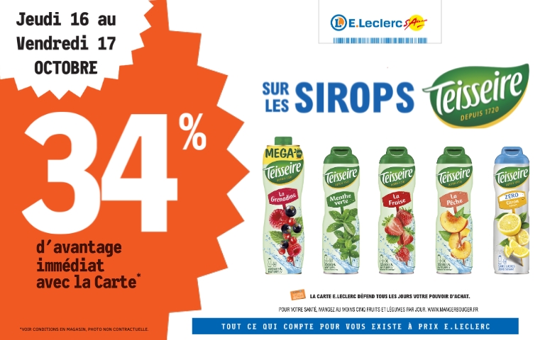 Du 16 au 17 octobre, bénéficiez de 34% de remise immédiate sur les produits de la marque Teisseire avec la carte de fidélité