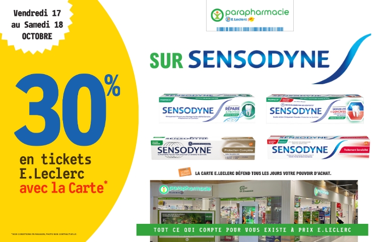 Du 17 au 18 octobre, bénédiciez de 30% en ticket E.Leclerc sur les produits de la marque Sensodyne avec la cartde fidélité 
