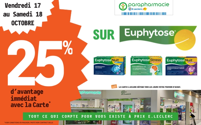 Du 17 au 18 octobre, bénéficiez de 25% de remise immédiate sur le produIts de la marque Euphytose dans votre paraphamacie