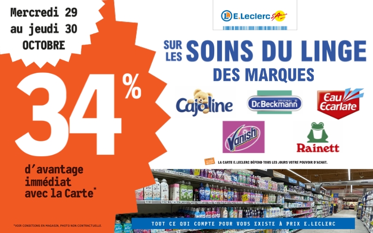 Les 29 et 30 octobre, bénéficiez de 34% de remise immédiate sur les soins du linge des marques Cajoline, DrBeckmann, eau écarlate, vanish et rainett avec la carte de fidélité.