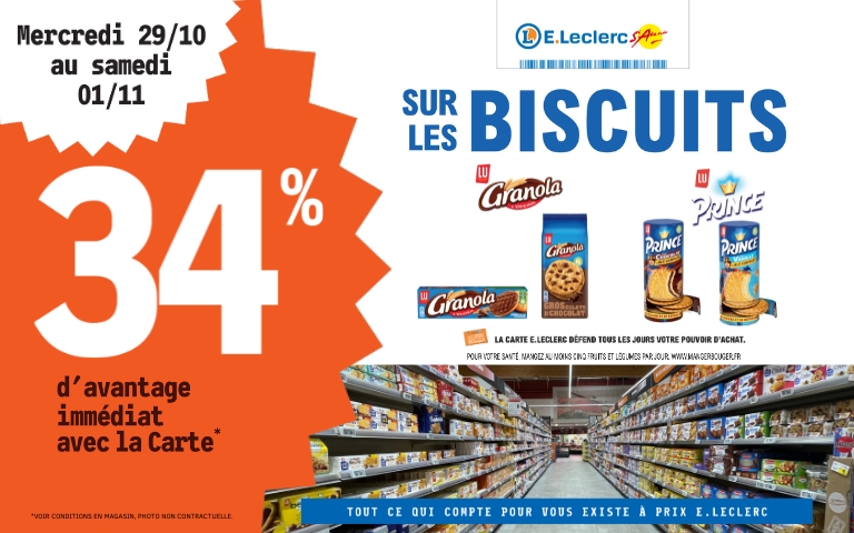 Du 29 octobre au 1er novembre, bénéficiez de 34% de remise immédiate sur les biscuits des marques Granola et Prince avec la carte de fidélité.
