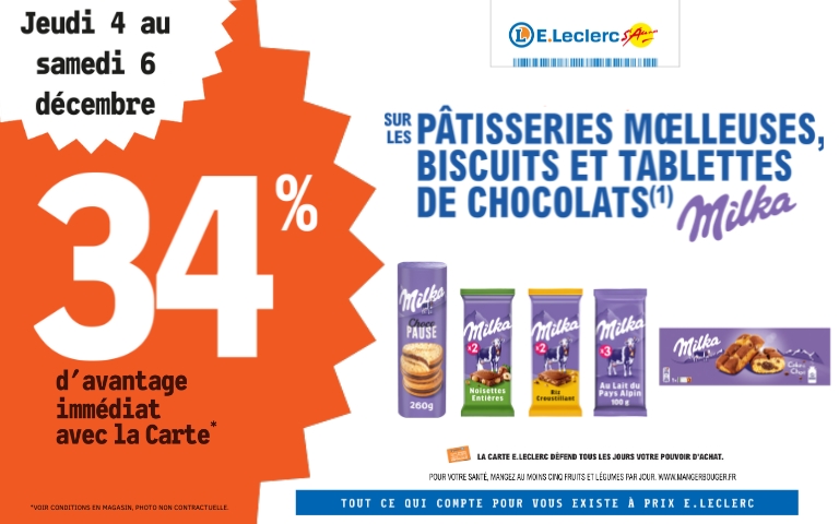 Du jeudi 4 au samedi 6 décembre, bénécifiez de 34% de remise immédiate sur les pâtisseries moelleuses , biscuits et tablettes de chocolat de la marque Milka avec la carte de fidélité.