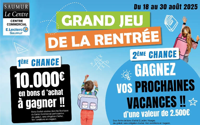 Du 18 au 30 août, tentez de gagner 10.000€ en bons d'achat et vos prochaines vacances !! Voir conditions en magasin