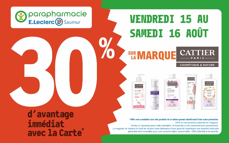 15 et 16 aout 30% avec votre carte sur le marque Cattier dans votre parapharmacie