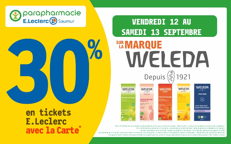 le 12 et 13 septembre 30% sur votre carte de fidelité sur la marque Weleda dans votre parapharmacie