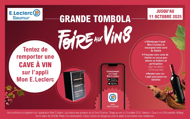 	Jusqu'au 11 octobre 2025, tentez de gagner une cave à vins sur l'appli Mon E.Leclerc. Voir règlement dans l'appli Mon E.Leclerc. L'abus d'alcool est dangereux pour la santé, à consommer avec modération.