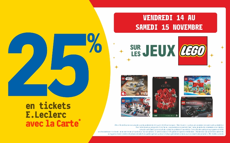 Le vendredi 14 et samedi 15 novembre 25% sur votre carte de fidélité sur la marque LEGO