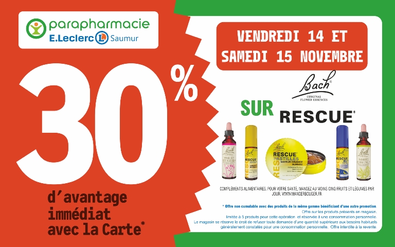 14 et 15novembre 34 % d'avantage immédiat avec la carte sur les produits Bach Rescue dans votre parapharmacie