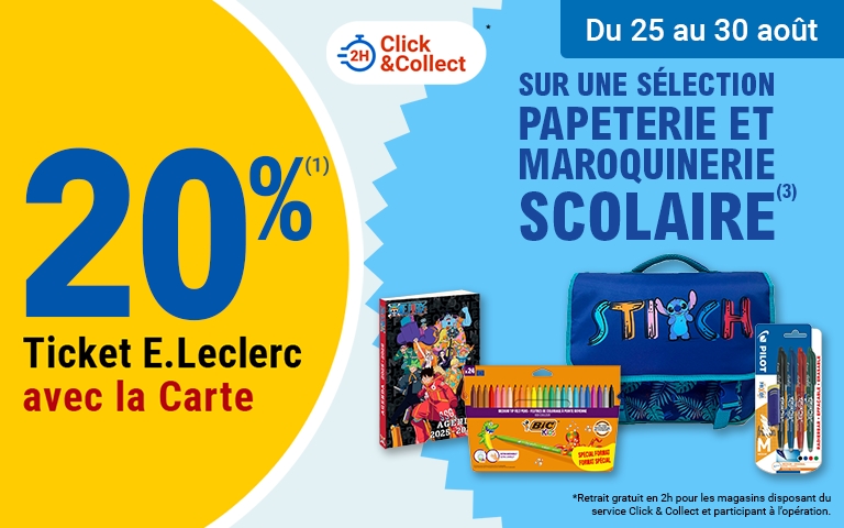 Du 25 au 31 août 20% en tickets E.Leclerc sur une sélection papeterie et maroquinerie scolaire. Disponible en 2h en Click and Collect. 