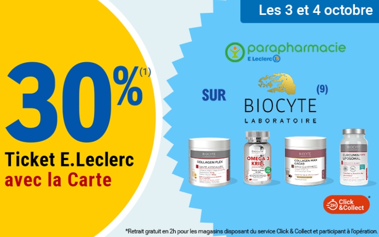 le 3 et 4 octobre : 30 %ticket Leclerc sur Biocyte Laboratoires ( en Parapharmacie) 