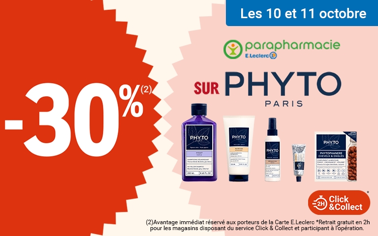 Les 10 et 11 octobre -30% sur la marque Phyto Paris dans votre parapharmacie E.Leclerc. Disponible en Click&collect.