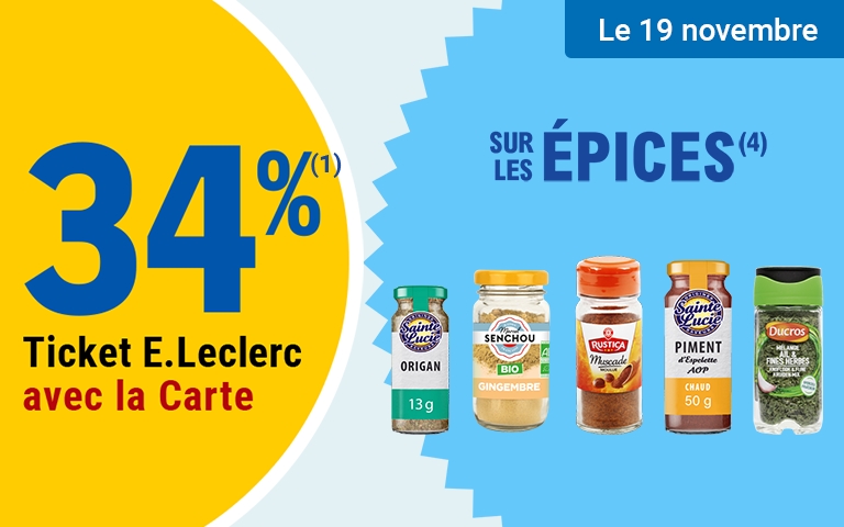 Le 19 novembre, profitez de 34% d'avantage en tickets E.Leclerc sur les épices.
