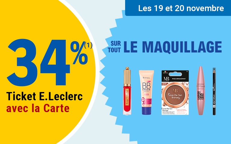 Les 19 et 20 novembre, profitez de 34% d'avantage en tickets E.Leclerc sur tout le maquillage.
