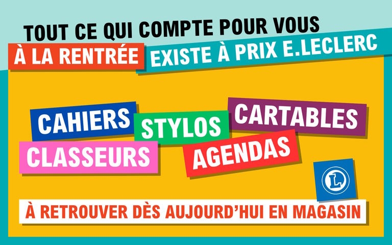 Tout ce qui compte pour vous à la rentrée existe à prix E.Leclerc. Vos fournitures scolaires à retrouver dès aujourd'hui en magasin.