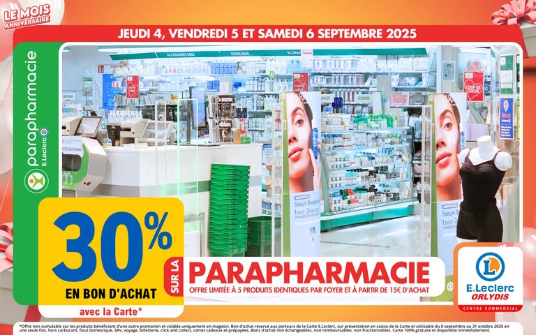 Du 04 au 06/09, 30% en bon d'achat avec la carte mention étoile sur la parapharmacie (Offre limitée à 5 produits identiques par foyer et à partir de 15€ d'achat)