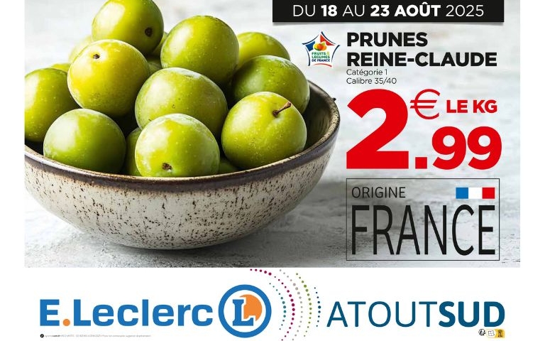 Du 18 au 23 août,  les prunes reine-claude cat.1 Cal. 35/40 origine France sont au prix de 2€99 le kg. Dans la limite des stocks disponibles.