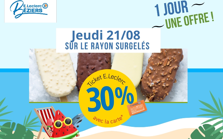 Bénéficiez de 30% en ticket E.Leclerc avec la carte sur le rayon surgelés sucrée et salée ce jeudi 21 aout. (hors promotion en cours)