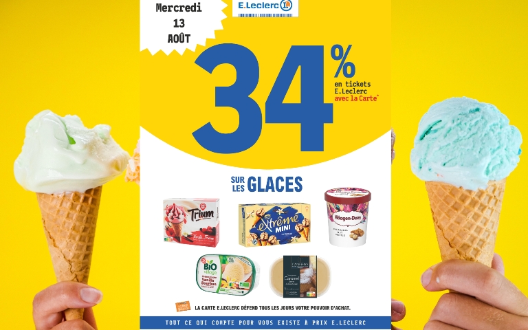 34% en ticket E.Leclerc sur les glaces, ce mercredi 13 aout