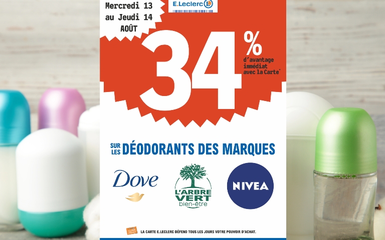 34% de remise immédiate sur les déodorants des marques DOVE, L'Arbre Vert et NIVEA du mercredi 13 au jeudi 14 aout