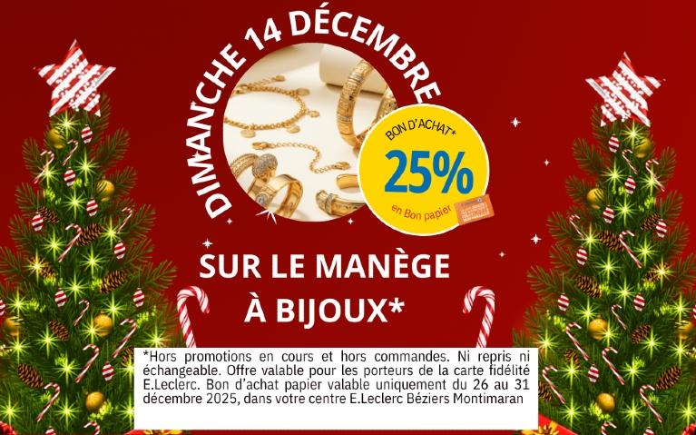 25% en bon papier sur le manège à bijoux dimanche 14 décembre. Bon utilisable du 26 au 31 décembre 2025