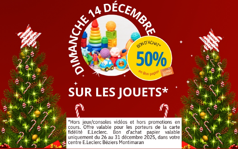 50% en bon papier sur les jouets dimanche 14 décembre. Bon utilisable du 26 au 31 décembre 2025