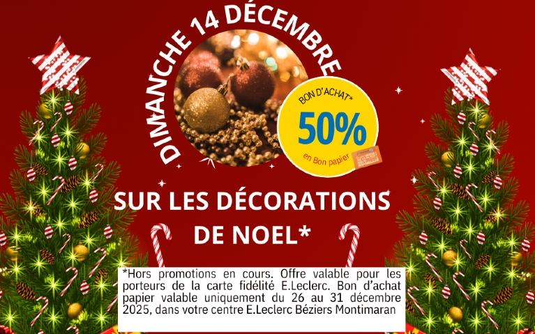 50% en bon papier sur les décorations de Noel dimanche 14 décembre. Bon utilisable du 26 au 31 décembre 2025