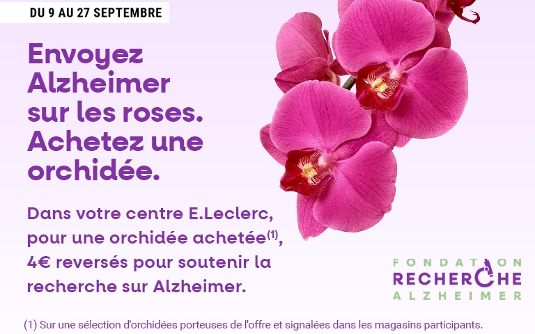 Orchidée 2 branches en pot, 9,95 €, achetée du 9 au 27 septembre 2025. 4 € reversés pour la recherche sur Alzheimer