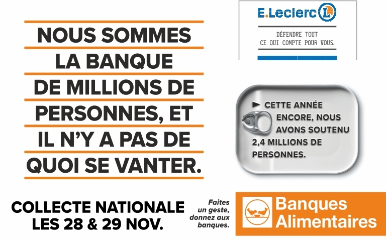 Affiche de la Collecte Nationale des Banques Alimentaires. Dates indiquées : 28 et 29 novembre. Message : “Nous sommes la banque de millions de personnes et il n’y a pas de quoi se vanter. Cette année encore, nous avons soutenu 2,4 millions de personnes.” Logo Banques Alimentaires en bas. Faites un geste, donnez aux banques.