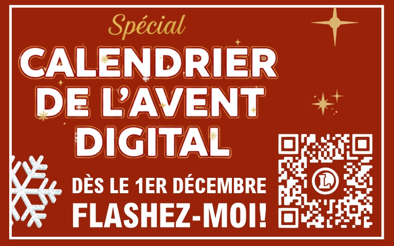 Visuel rouge avec le texte : Spécial Calendrier de l'avent digital - Dès le 1er décembre  flashez-moi - QR code pour accéder en bas à droite - Ou cliquez sur le visuel directement