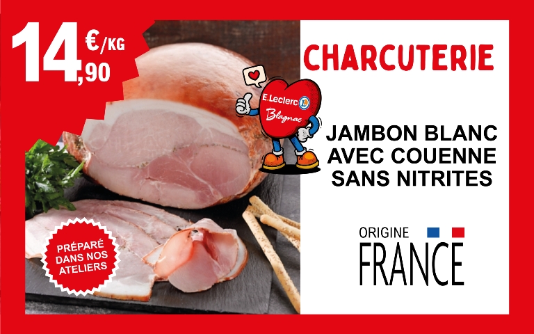 Coup de Coeur charcuterie : cette semaine retrouvez le jambon blanc avec couenne sans nitrites préparé dans nos ateliers origine France à 14.90€ le kilo !