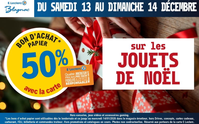 Samedi 13 et dimanche 14 décembre 50% en bon d'achat sur les jouets de noel