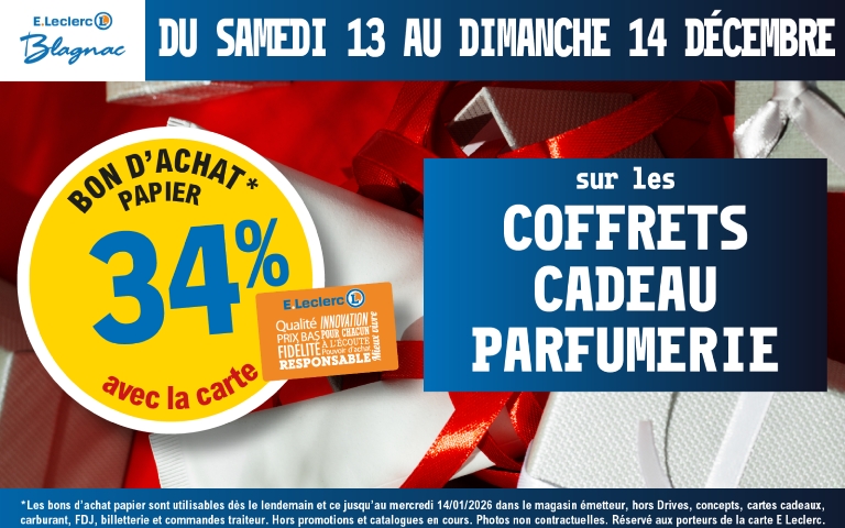Samedi 13 et dimanche 14 décembre 34% en bon d'achat sur les coffrets cadeau parfumerie