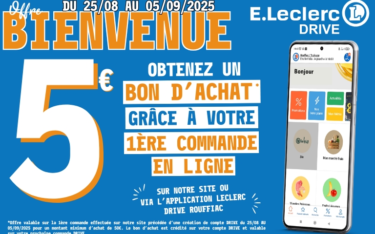 Pour toute création de compte et d'une commande d'un minimum de 50€ d'achat, obtenez 5€ en bon d'achat crédités sur le compte drive à utiliser lors d'une prochaine commande. 